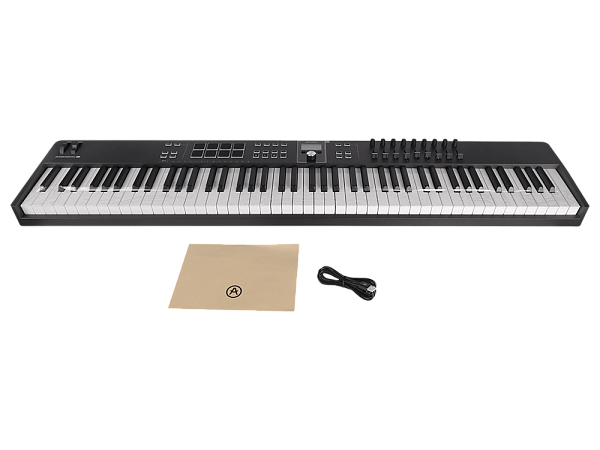 MIDI клавиатура [231542] Arturia [KeyLab Essential 88 mk3 Black] 88 клавиш, LCD дисплей, 9 энкодеров, 8 пэдов, 9 фейдеров, 12 кнопок управления, колеса высоты тона и модуляции, 1/4" Jack вход для педали, MIDI выход, Type-C