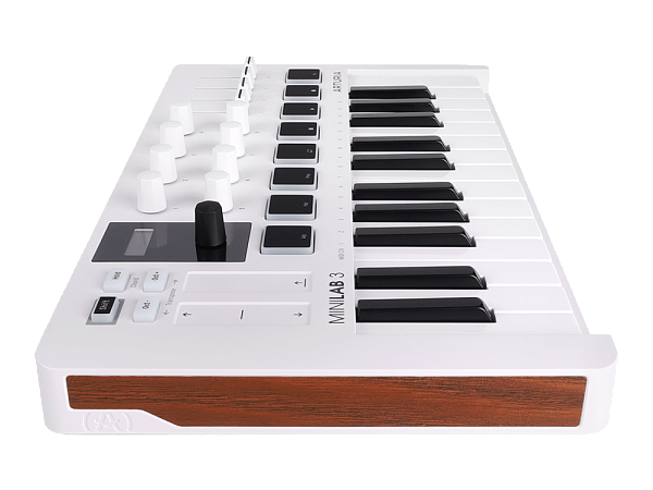 MIDI клавиатура [231501] Arturia [MiniLAB 3] 25 клавиш, 8 энкодеров, 8 RGB пэдов, 8 фейдеров, дисплей, сенсорные регуляторы Pitch/Modulation, MIDI-выход, 1/4" Jack вход педали, режим Chord, арпеджиатор, USB-C