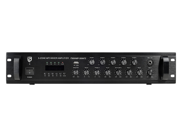 Микшер-усилитель Intrend [ITMXAMP-350MTZ] зональный, 5 зон. MP3, FM-тюнер, USB, Bluetooth, 3хMic/2хLine входы, 1хLine выход, 350 Вт, 4-16 Ом/100V, IR-пульт в комплекте