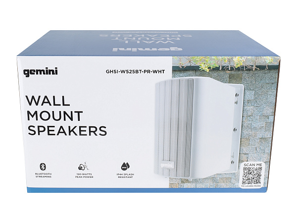 Акустическая система Gemini [GHSI-W525BT-PR-WHT] Активная + пассивная АС, 5.25" НЧ + 0.75" ВЧ, мощность RMS/Peak 60/150 Вт, АЧХ 45-20000 Гц, динамики: 5" НЧ, 1" ВЧ, IP44, BT, 3,5 мм AUX вход, 3,5 мм AUX выход, настенные крепления, пульт ДУ, цвет белый