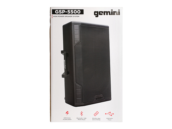 Акустическая система Gemini [GSP-5500] Активная, 2-х полосная, RMS/Peak 550/2200 Вт, АЧХ 40-20000 Гц, SPL 126 дБ, 15" ВЧ, 1,35" ВЧ, вх.: (2) XLR Mic, (2) 1/4" TRS Mic, 1/8” TRS AUX, RCA (L/R) AUX, XLR, вых.: XLR Mix, USB, SD, FM, Bluetooth