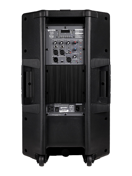 Акустическая система Gemini [GSP-2200] Активная, 2-х полосная, RMS/Peak 550/2200 Вт, АЧХ 40-20000 Гц, SPL 114 дБ, 15" ВЧ, 1,35" ВЧ, вх.: (2) XLR Mic, (2) 1/4" TRS Mic, 1/8” TRS AUX, RCA (L/R) AUX, XLR, вых.: XLR Mix, USB, SD, FM, Bluetooth