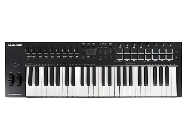 MIDI клавиатура [OXYGENPRO49] M-audio [Oxygen Pro 49] 49 клавиш, 8 энкодеров, 9 фейдеров, 16 пэдов, 12 кнопок управления, колеса высоты тона и модуляции, smart control, auto-mapping, встроенный арпеджиатор, 1/4" Jack вход для педали сустейна, MIDI выход