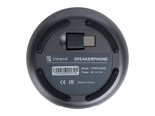Спикерфон Intrend [ITSPH-W200] 4 капсюля, BT+USB, эффективный радиус 3м, ANC, AEC, AGC, полнодуплексная связь, беспроводное каскадирование 2х спикерфонов, аккумулятор: время работы в режиме разговора до 5 часов. В комплекте USB-dongle