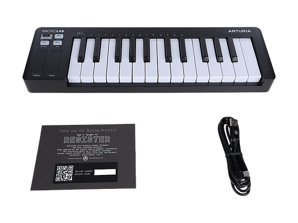 MIDI клавиатура [231512] Arturia [MicroLab 3 Black] 25 клавиш, чувствительных к скорости нажатия, сенсорные полосы pitch и modulation, режим игры аккордами, разъем для подключения педали, type-c, ПО: Analog Lab Intro, Ableton Live Lite. Цвет - черный.