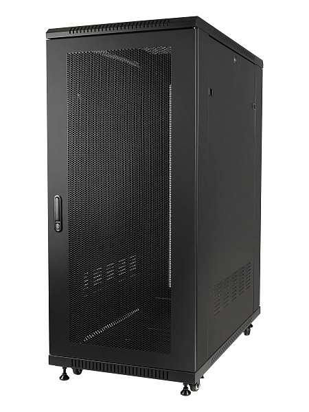 Рэковая стойка Wize Pro [W27U100R-M] 19”, 27U, 600х1000 мм, передняя и задняя двери металлические перфорированные, колеса, рэковые гайки: 20 шт, макс. вес нагрузки 800 кг, сталь, черный (3 места)