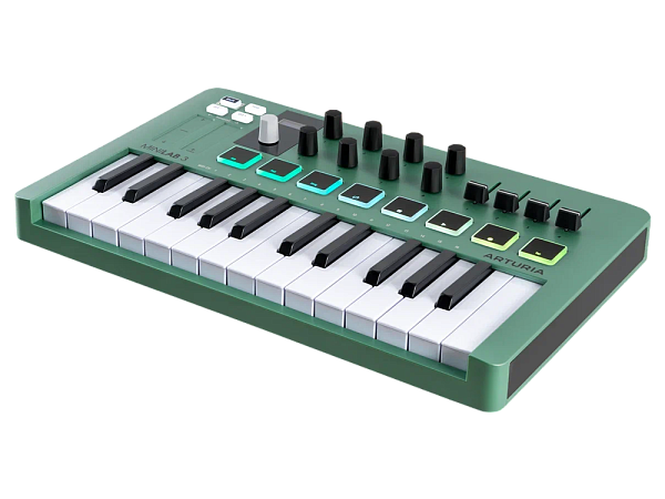 MIDI клавиатура [231506] Arturia [MiniLAB 3 Mint Edition] 25 клавиш, 8 энкодеров, 8 RGB пэдов, 8 фейдеров, дисплей, сенсорные регуляторы Pitch/Modulation, MIDI-выход, 1/4" Jack вход педали, режим Chord, арпеджиатор, USB-C