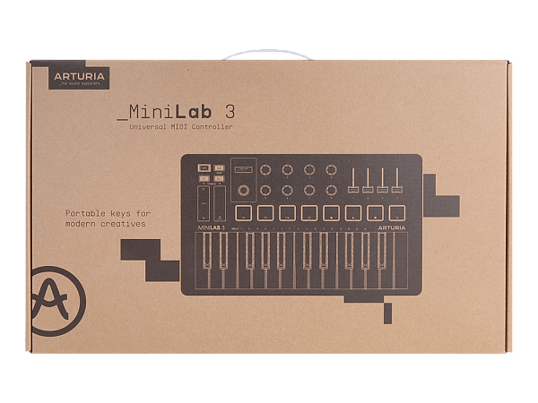 MIDI клавиатура [231503] Arturia [MiniLAB 3 Deep Black] 25 клавиш, 8 энкодеров, 8 RGB пэдов, 8 фейдеров, дисплей, сенсорные регуляторы Pitch/Modulation, MIDI-выход, 1/4" Jack вход педали, режим Chord, арпеджиатор, USB-C