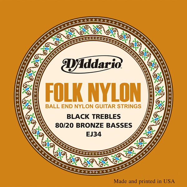 EJ34 Folk Nylon Струны для фолк гитары, шарики на концах, 80/20 бронза/черный нейлон, D'Addario