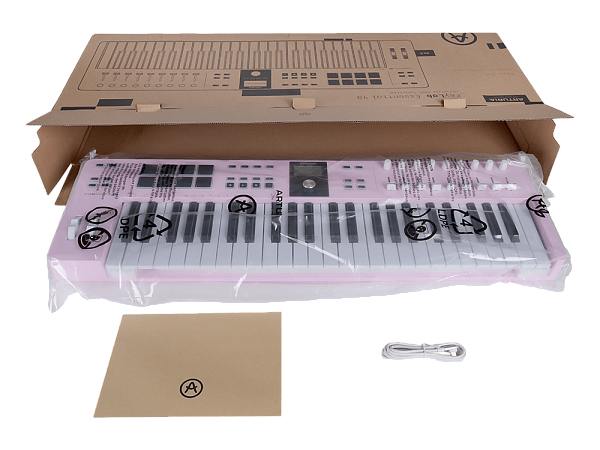 MIDI клавиатура [231525] Arturia [KeyLab Essential 49 mk3 Rose Quartz] 49 клавиш, LCD дисплей, 9 энкодеров, 8 пэдов, 9 фейдеров, 12 кнопок управления, колеса высоты тона и модуляции, 1/4" Jack вход для педали, MIDI выход, Type-C