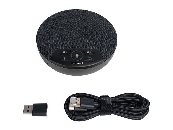 Спикерфон Intrend [ITSPH-W200] 4 капсюля, BT+USB, эффективный радиус 3м, ANC, AEC, AGC, полнодуплексная связь, беспроводное каскадирование 2х спикерфонов, аккумулятор: время работы в режиме разговора до 5 часов. В комплекте USB-dongle
