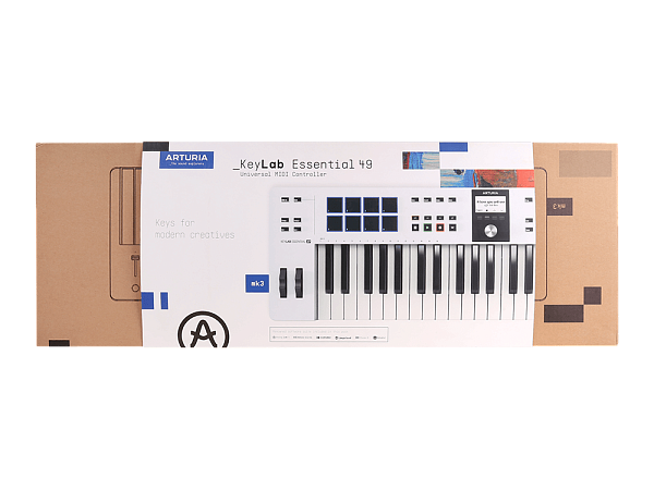 MIDI клавиатура [231521] Arturia [KeyLab Essential 49 mk3 White] 49 клавиш, LCD дисплей, 9 энкодеров, 8 пэдов, 9 фейдеров, 12 кнопок управления, колеса высоты тона и модуляции, 1/4" Jack вход для педали, MIDI выход, Type-C