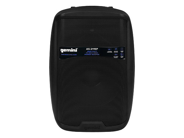 Акустическая система Gemini [AS-2115P] Активная, 2-х полосная, мощность RMS/Peak 500/2000 Вт, АЧХ 40-20000 Гц, Max SPL 110 дБ, динамики: 15" НЧ, 1" ВЧ, входы: 1/8" TRS AUX, RCA (L/R) AUX, 2xXLR микрофонные, 2x1/4" линейные, выходы: XLR Mix