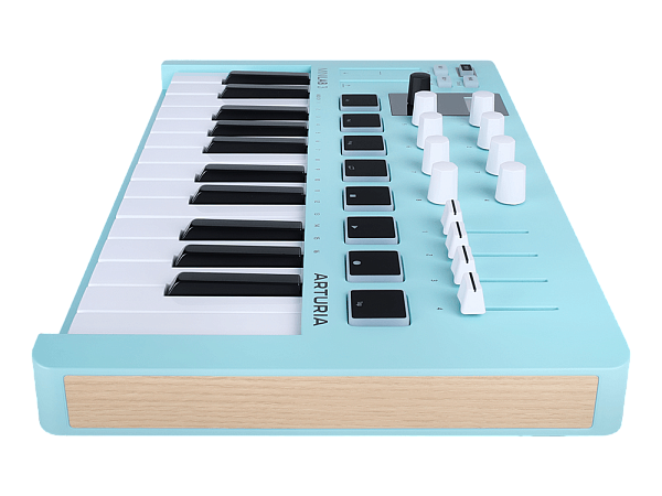 MIDI клавиатура [231599] Arturia [MiniLAB 3 Aquamarine] 25 клавиш, 8 энкодеров, 8 RGB пэдов, 8 фейдеров, дисплей, сенсорные регуляторы Pitch/Modulation, MIDI-выход, 1/4" Jack вход педали, режим Chord, арпеджиатор, USB-C