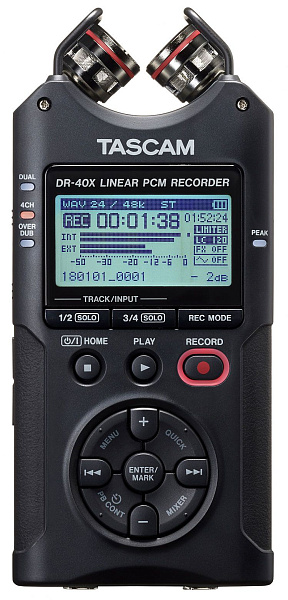 Рекордер мобильный [DR40X] Tascam [DR-40X] АЦП/ЦАП: 24 бит/96 кГц, 20-20000 Гц, THD: 0,01%, S/N: 94 дБ, микрофоны: 2 х всенаправленных A-B/X-Y, 2xCombo XLR/TRS Jack / 1/8" Stereo mini Jack, память: micro SDHC/SDXC, питание: 3 батареи АА, USB Micro-B