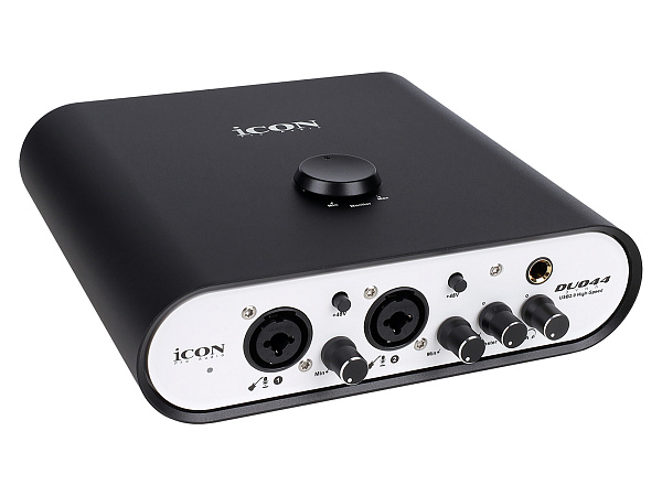 Аудиоинтерфейс USB [110313A2004] Icon [Duo44 Dyna B/W] АЦП/ЦАП: 24 бит/192 кГц, 127 дБ, входы/выходы: 2хCombo XLR/TRS/ 2х1/4" TRS, 1/8" mini Jack стерео, 1/4" TRS стерео выход на наушники, MIDI, +48 В, цвет черный/белый