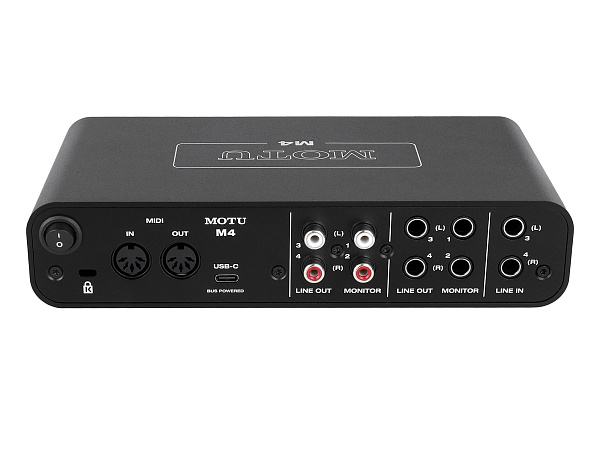 Аудиоинтерфейс USB [3140/3141] Motu [M4] АЦП/ЦАП: 24 бит/192 кГц, ЦАП ESS Sabre32 Ultra, 120 дБ, THD+N: -110 дБ, 2xCombo XLR/TRS, 2x1/4" TRS Jack входа / 4xRCA выхода, 4x1/4" TRS Jack выхода, 1/4" TRS Jack выход для наушников, MIDI, USB-C