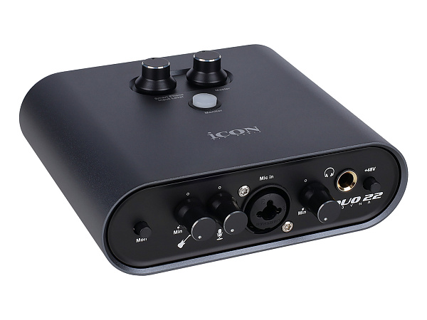 Аудиоинтерфейс USB [110313A2003] Icon [Duo22 Dyna B] АЦП/ЦАП: 24 бит/192 кГц, 127 дБ, входы/выходы: Combo XLR/TRS, 1/4" TS/ 2х1/4" TRS, 1/8" mini Jack стерео, 1/4" TRS стерео выход на наушники, USB-C, +48 В, цвет черный