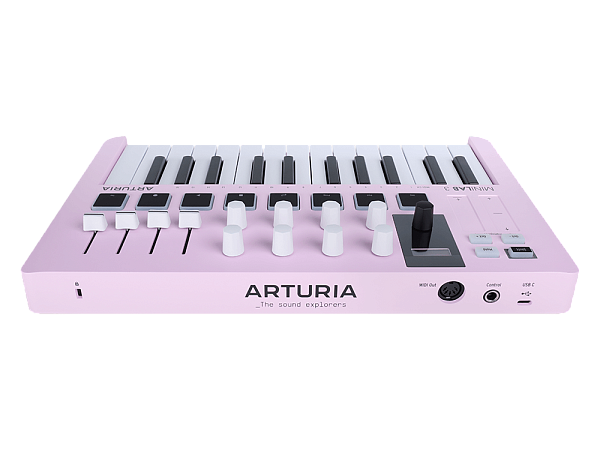 MIDI клавиатура [231509] Arturia [MiniLAB 3 Rose Quartz] 25 клавиш, 8 энкодеров, 8 RGB пэдов, 8 фейдеров, дисплей, сенсорные регуляторы Pitch/Modulation, MIDI-выход, 1/4" Jack вход педали, режим Chord, арпеджиатор, USB-C