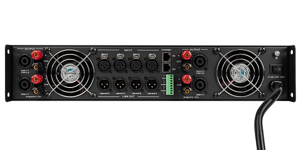 Усилитель Intrend [ITAMP-4K-TD] четырехканальный, 4x1000W/8Ом, 4x1600W/4Ом, 4x600/70V, мостовой режим: 2х2560W/8Ом; 2х1250/100V, поддержка Dante, встроенный DSP