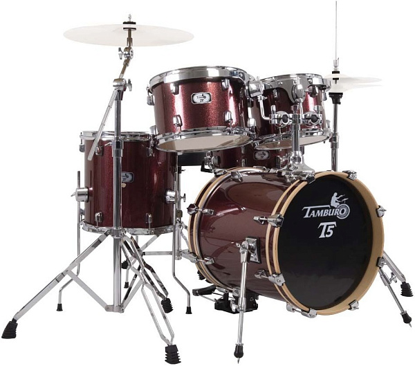 Ударная установка из 5 барабанов TAMBURO [T5NCP20RSSK] Бочка 20X16, томы 10X8, 12X9, 14X14, малый 14X5,5. Стойка для тарелки журавль, стойка хай-хэт, стойка для малого барабана, стул, педаль бас-барабана. Цвет Red Sparkle. Без тарелок.