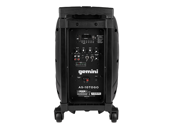 Акустическая система Gemini [AS-10TOGO] Активная, 2-х полосная, RMS/Peak 300/1000 Вт, АЧХ 55-20000 Гц, SPL 100 дБ, 10" НЧ, 2,5" ВЧ, входы: RCA (L/R) AUX, 1/8" TRS AUX, 1/4" TS микр., 1/4" TS гитар., выходы: RCA (L/R), USB, SD, Bluetooth