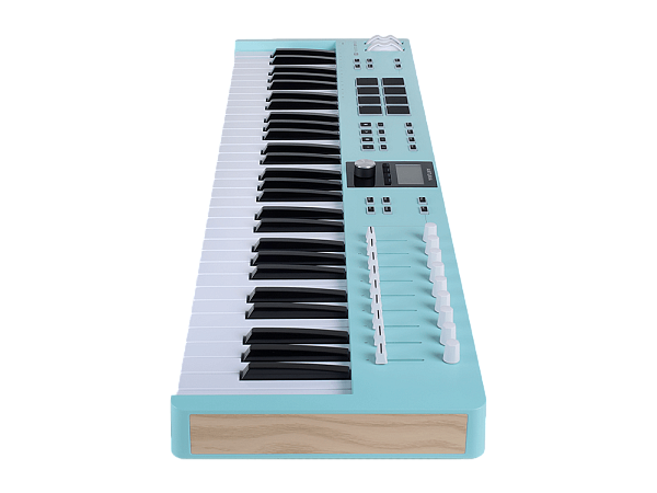 MIDI клавиатура [231534] Arturia [KeyLab Essential 61 mk3 Aquamarine] 61 клавиша, LCD дисплей, 9 энкодеров, 8 пэдов, 9 фейдеров, 12 кнопок управления, колеса высоты тона и модуляции, 1/4" Jack вход для педали, MIDI выход, Type-C