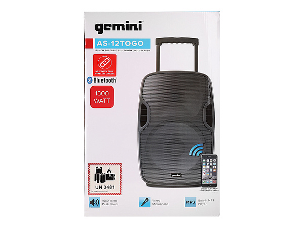 Акустическая система Gemini [AS-12TOGO] Активная, 2-х полосная, RMS/Peak 500/1500 Вт, АЧХ 50-20000 Гц, SPL 104 дБ, 12" НЧ, 2,5" ВЧ, входы: RCA (L/R) AUX, 1/8" TRS AUX, 1/4" TS микр., 1/4" TS гитар., выходы: RCA (L/R), USB, SD, Bluetooth