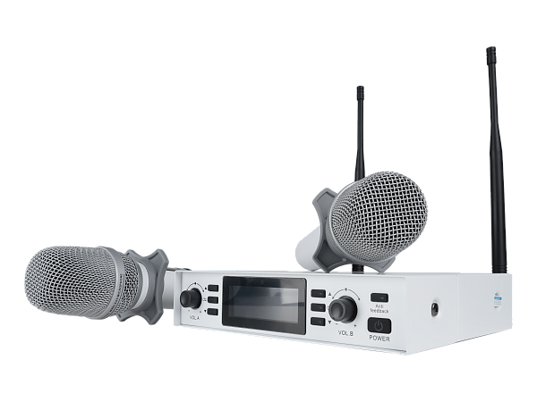 Микрофонная радиосистема Axelvox [DX800SW] UHF 650 - 758 MHz, подавитель обратной связи, цифровая модуляция, LCD дисплей, DSP, ручной микрофон - 2 шт., силиконовые кольца - 2 шт., держатель для микрофона - 2 шт., цвет белый.