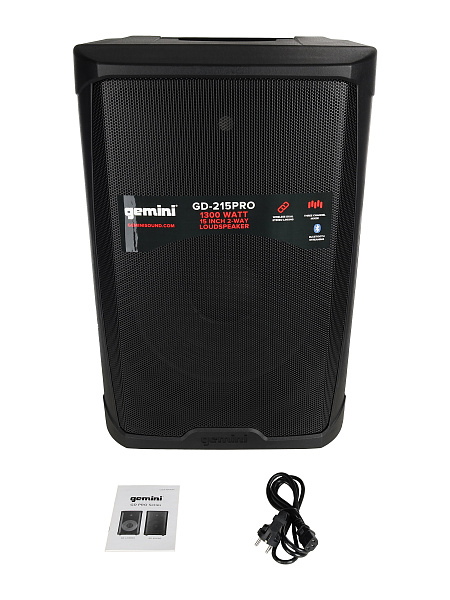 Акустическая система Gemini [GD-215PRO] Активная, 2-х полосная, мощность RMS/Peak 280/1300 Вт, Max Peak SPL 120 Вт, динамики: 15" НЧ, 1,35" ВЧ, входы: 1/8” TRS AUX, 2x 1/4" TRS, 2x XLR, 2x RCA AUX, выходы: XLR Mix Out, Bluetooth, микрофон