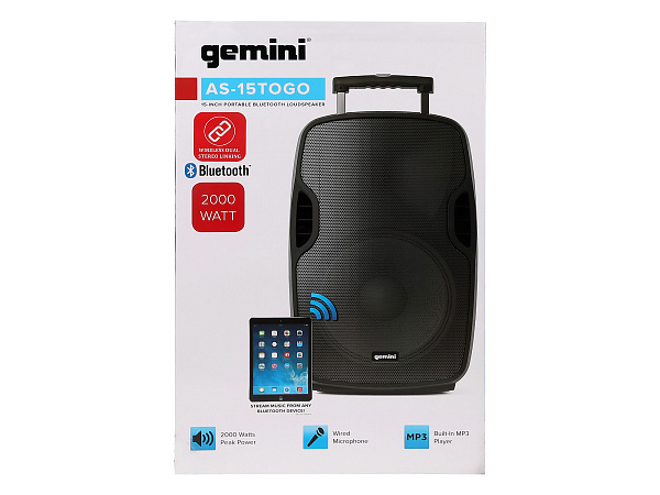 Акустическая система Gemini [AS-15TOGO] Активная, 2-х полосная, RMS/Peak 600/2000 Вт, АЧХ 45-20000 Гц, SPL 106 дБ, 15" НЧ, 1,5" ВЧ, входы: RCA (L/R) AUX, 1/8" TRS AUX, 1/4" TS микр., 1/4" TS гитар., выходы: RCA (L/R), USB, SD, Bluetooth