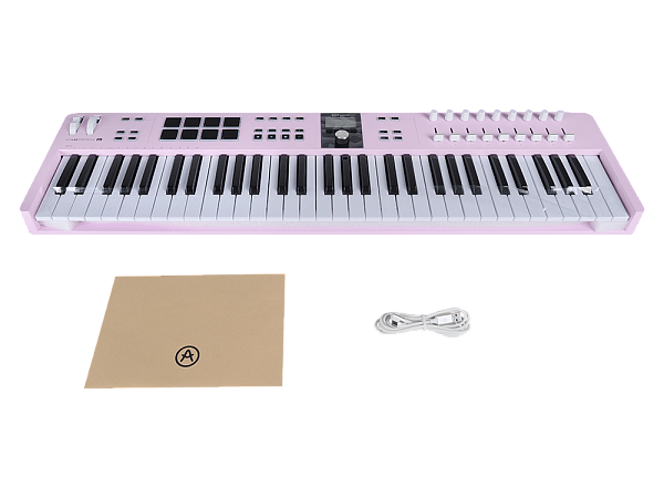MIDI клавиатура [231535] Arturia [KeyLab Essential 61 mk3 Rose Quartz] 61 клавиша, LCD дисплей, 9 энкодеров, 8 пэдов, 9 фейдеров, 12 кнопок управления, колеса высоты тона и модуляции, 1/4" Jack вход для педали, MIDI выход, Type-C