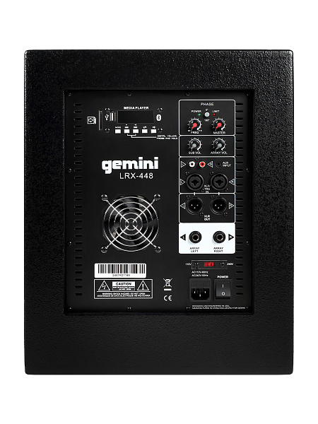 Акустическая система Gemini [LRX-448] Комплект: 8 (2х4) 2-х полосных сателлитов, 12" активный сабвуфер, совокупная мощность RMS 600 Вт, SD слот, USB порт, FM радио, Bluetooth, 2 стойки, кабели питания, кабели коммутации (2 места)