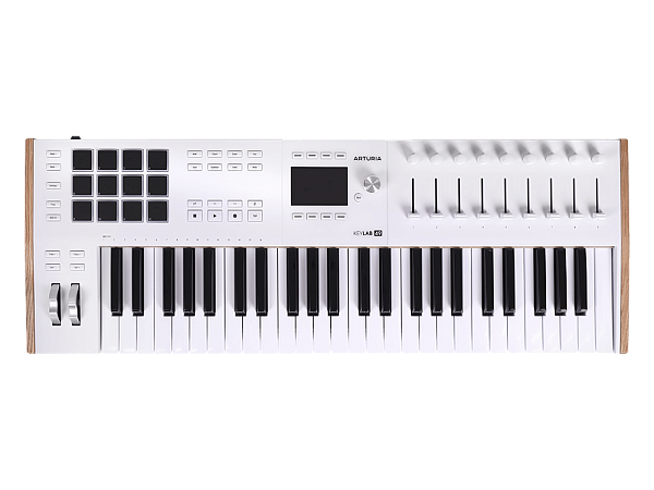 MIDI клавиатура [231621] Arturia [KeyLAB 49 MK3 White] 49 клавиш, полувзвешенная механика, дисплей, 12 пэдов , 9 фейдеров, 9 поворотных регуляторов, 3 входа для подключения педалей, MIDI in/out, USB-C