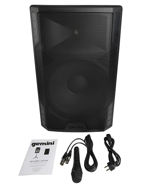 Акустическая система Gemini [GSP-5500] Активная, 2-х полосная, RMS/Peak 550/2200 Вт, АЧХ 40-20000 Гц, SPL 126 дБ, 15" ВЧ, 1,35" ВЧ, вх.: (2) XLR Mic, (2) 1/4" TRS Mic, 1/8” TRS AUX, RCA (L/R) AUX, XLR, вых.: XLR Mix, USB, SD, FM, Bluetooth