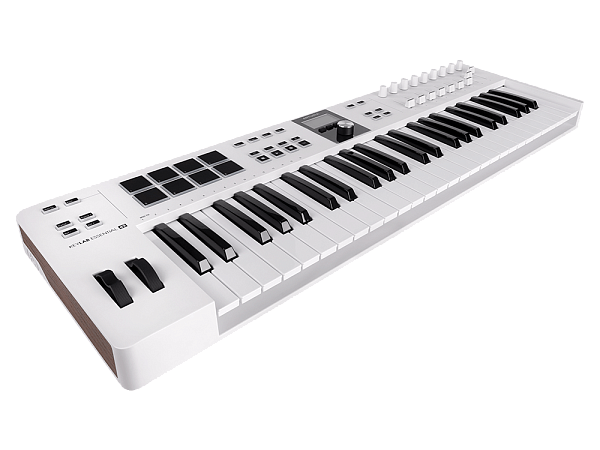 MIDI клавиатура [231521] Arturia [KeyLab Essential 49 mk3 White] 49 клавиш, LCD дисплей, 9 энкодеров, 8 пэдов, 9 фейдеров, 12 кнопок управления, колеса высоты тона и модуляции, 1/4" Jack вход для педали, MIDI выход, Type-C