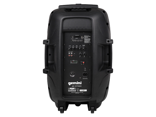 Акустическая система Gemini [AS-15TOGO] Активная, 2-х полосная, RMS/Peak 600/2000 Вт, АЧХ 45-20000 Гц, SPL 106 дБ, 15" НЧ, 1,5" ВЧ, входы: RCA (L/R) AUX, 1/8" TRS AUX, 1/4" TS микр., 1/4" TS гитар., выходы: RCA (L/R), USB, SD, Bluetooth