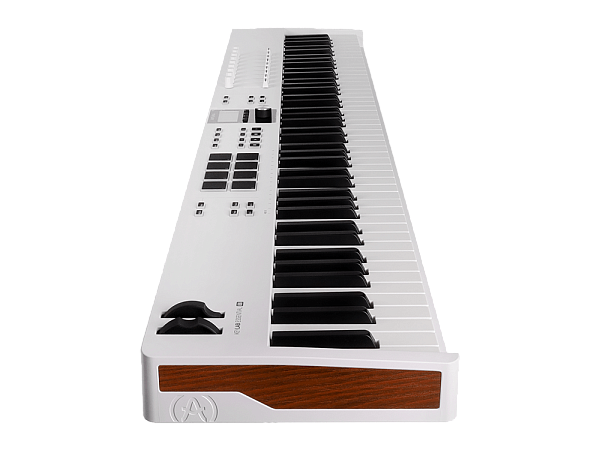 MIDI клавиатура [231541] Arturia [KeyLab Essential 88 mk3 White] 88 клавиш, LCD дисплей, 9 энкодеров, 8 пэдов, 9 фейдеров, 12 кнопок управления, колеса высоты тона и модуляции, 1/4" Jack вход для педали, MIDI выход, Type-C