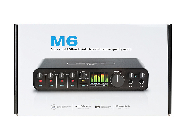 Аудиоинтерфейс USB [3160/3161] Motu [M6] АЦП/ЦАП: 24 бит/192 кГц, ЦАП ESS Sabre32 Ultra, дин. диапазон: 120 дБ, THD+N: -110 дБ, 4xCombo XLR/TRS, 2x1/4" TRS Jack входа / 4x1/4" TRS Jack выхода, 2x1/4" TRS Jack выхода для наушников, MIDI, USB-C