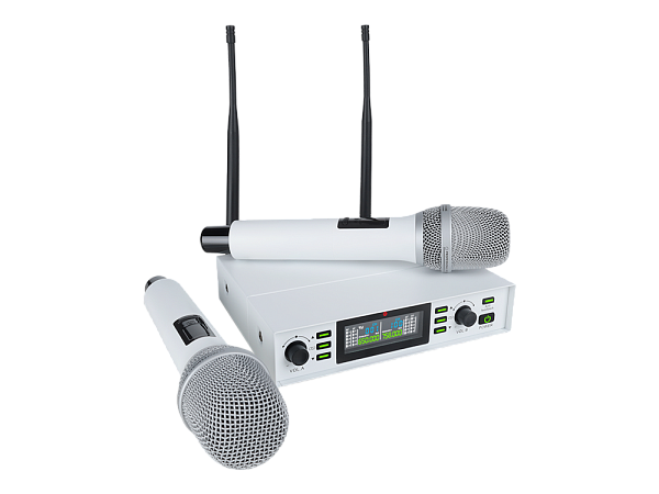 Микрофонная радиосистема Axelvox [DX800SW] UHF 650 - 758 MHz, подавитель обратной связи, цифровая модуляция, LCD дисплей, DSP, ручной микрофон - 2 шт., силиконовые кольца - 2 шт., держатель для микрофона - 2 шт., цвет белый.