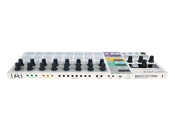 MIDI контроллер (Микшер-семплер (контроллер)) [430111] Arturia [BeatStep Pro] 2 независимых монофонических 64-шаговых мелодических секвенсора, 16-трековый секвенсор ударных, 16 проектов, в каждом 16х2 sequences, 16 drum sequences, CV/GATE выходы, 8 Drum