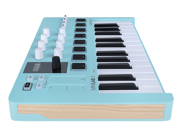 MIDI клавиатура [231599] Arturia [MiniLAB 3 Aquamarine] 25 клавиш, 8 энкодеров, 8 RGB пэдов, 8 фейдеров, дисплей, сенсорные регуляторы Pitch/Modulation, MIDI-выход, 1/4" Jack вход педали, режим Chord, арпеджиатор, USB-C