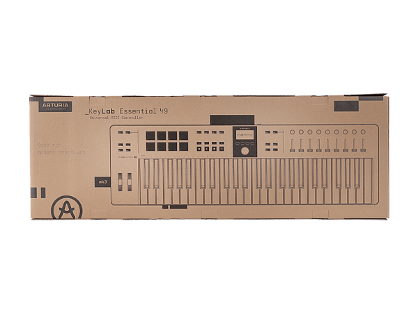 MIDI клавиатура [231524] Arturia [KeyLab Essential 49 mk3 Aquamarine] 49 клавиш, LCD дисплей, 9 энкодеров, 8 пэдов, 9 фейдеров, 12 кнопок управления, колеса высоты тона и модуляции, 1/4" Jack вход для педали, MIDI выход, Type-C
