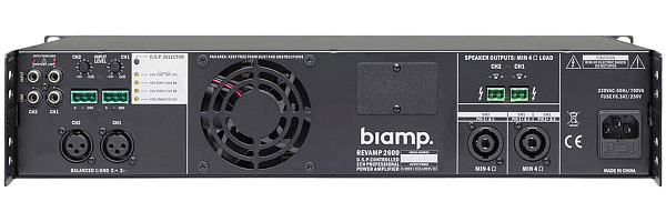 Усилитель BIAMP [REVAMP2600] (APART) 2-канальный (DSP + 9 пресетов): 2 х 840Вт /4Ом; 2 х 420Вт /8Ом. Вх.: 2 х XLR/ 2 х Euroblock/ 2 x 2RCA. Вых.:2 x Euroblock / 2 х SpeakON. 2U.