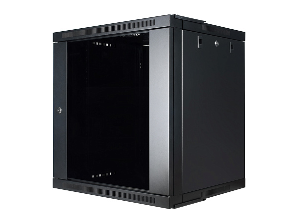 Настенный шкаф Wize Pro [W12U50QSR] 19", 12U, быстрая сборка без инструментов, 600х500 мм, стеклянная передняя дверь, задняя стенка металлическая, неоткидная, макс. вес нагрузки 50 кг, сталь, черный