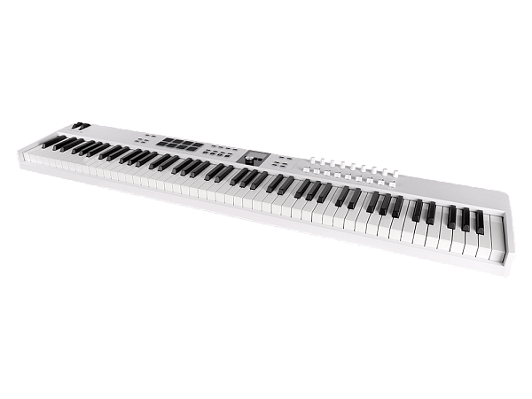 MIDI клавиатура [231541] Arturia [KeyLab Essential 88 mk3 White] 88 клавиш, LCD дисплей, 9 энкодеров, 8 пэдов, 9 фейдеров, 12 кнопок управления, колеса высоты тона и модуляции, 1/4" Jack вход для педали, MIDI выход, Type-C