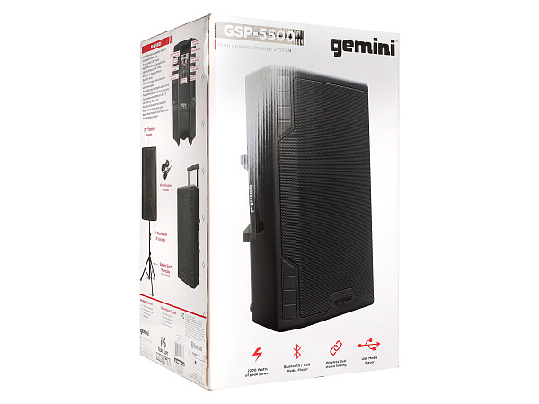 Акустическая система Gemini [GSP-5500] Активная, 2-х полосная, RMS/Peak 550/2200 Вт, АЧХ 40-20000 Гц, SPL 126 дБ, 15" ВЧ, 1,35" ВЧ, вх.: (2) XLR Mic, (2) 1/4" TRS Mic, 1/8” TRS AUX, RCA (L/R) AUX, XLR, вых.: XLR Mix, USB, SD, FM, Bluetooth