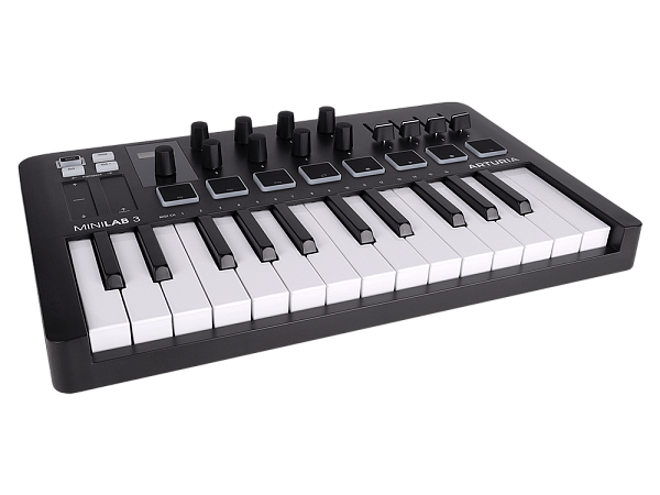 MIDI клавиатура [231502] Arturia [MiniLAB 3 Black Edition] 25 клавиш, 8 энкодеров, 8 RGB пэдов, 8 фейдеров, дисплей, сенсорные регуляторы Pitch/Modulation, MIDI-выход, 1/4" Jack вход педали, режим Chord, арпеджиатор, USB-C