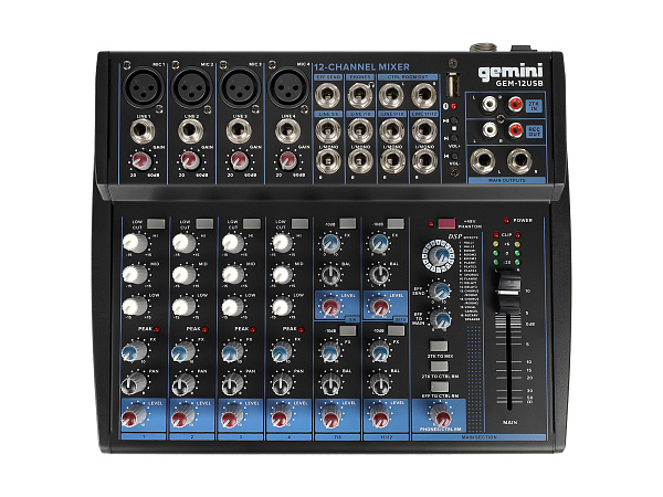 Микшер [GEM-12USB] Gemini [GEM-12USB] аналоговый, 12 каналов, DSP, выход на наушники, Bluetooth, USB-проигрыватель файлов в формате MP3/WAV