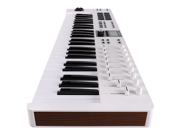 MIDI клавиатура [231521] Arturia [KeyLab Essential 49 mk3 White] 49 клавиш, LCD дисплей, 9 энкодеров, 8 пэдов, 9 фейдеров, 12 кнопок управления, колеса высоты тона и модуляции, 1/4" Jack вход для педали, MIDI выход, Type-C